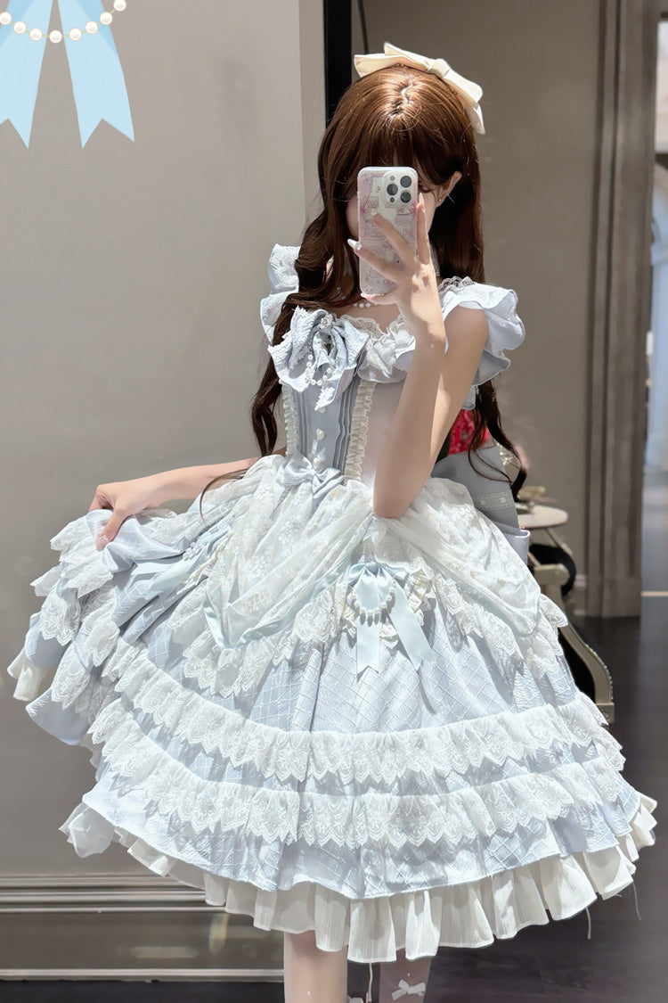 Blue [Fairy Tale Advent] Multi-Layered Ruffle Bowknot Lace Sweet Princess Gorgeous Lolita Tiered Dress - Product - 5