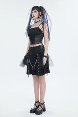 Black Cross Print Side Waist Straps Detachable Metal Chain Women's Punk Skirt - Product - 3