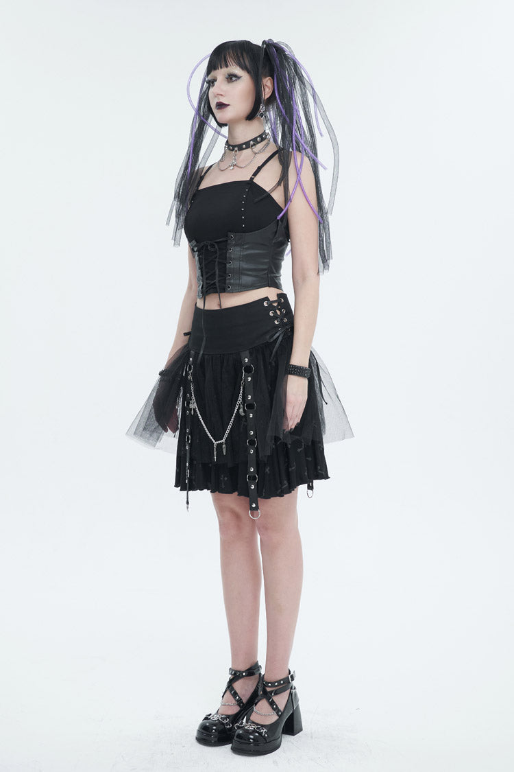 Black Cross Print Side Waist Straps Detachable Metal Chain Women's Punk Skirt - Product - 3