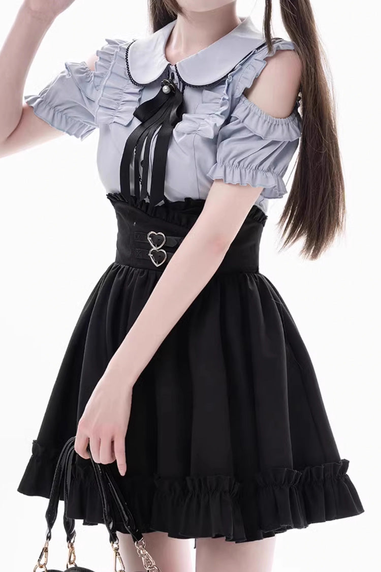 Black/Blue Off Shoulder Short Sleeves Ruffle Bowknot Sweet Jirai Kei Japanese Set - Product - 4