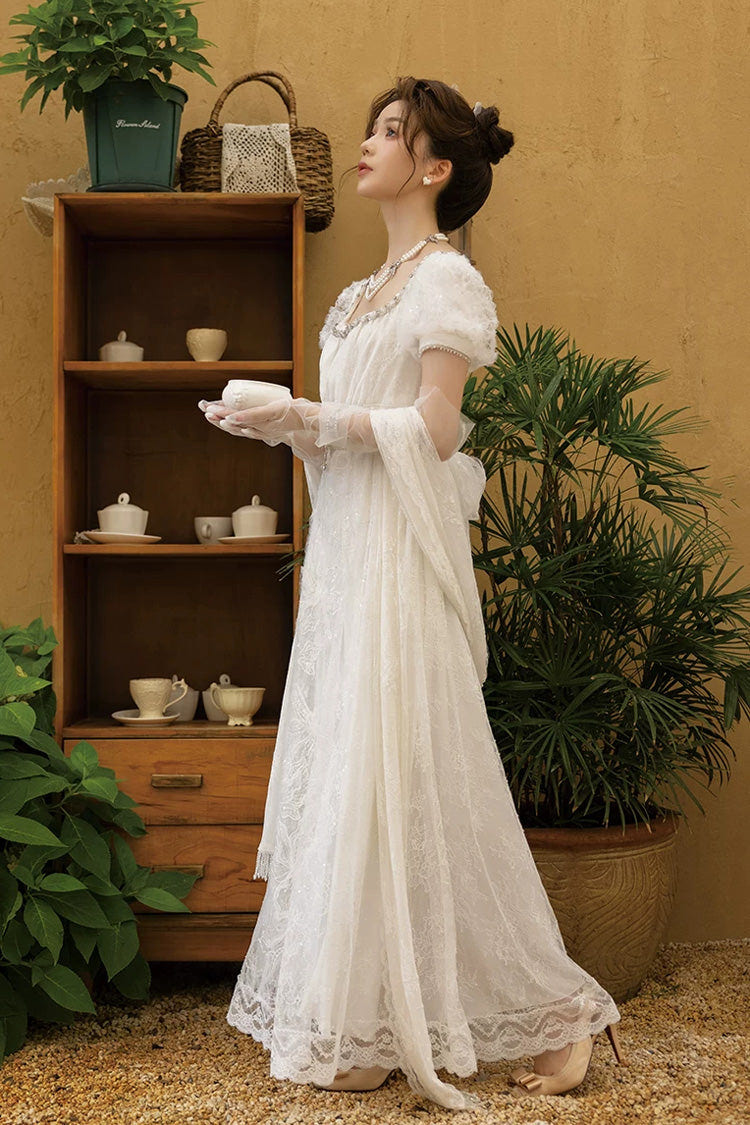 White Square Collar Short Sleeves Jacquard Wedding Style Lace Pearl Detail Vintage Elegant Luxurious Lolita Dress - Product - 5