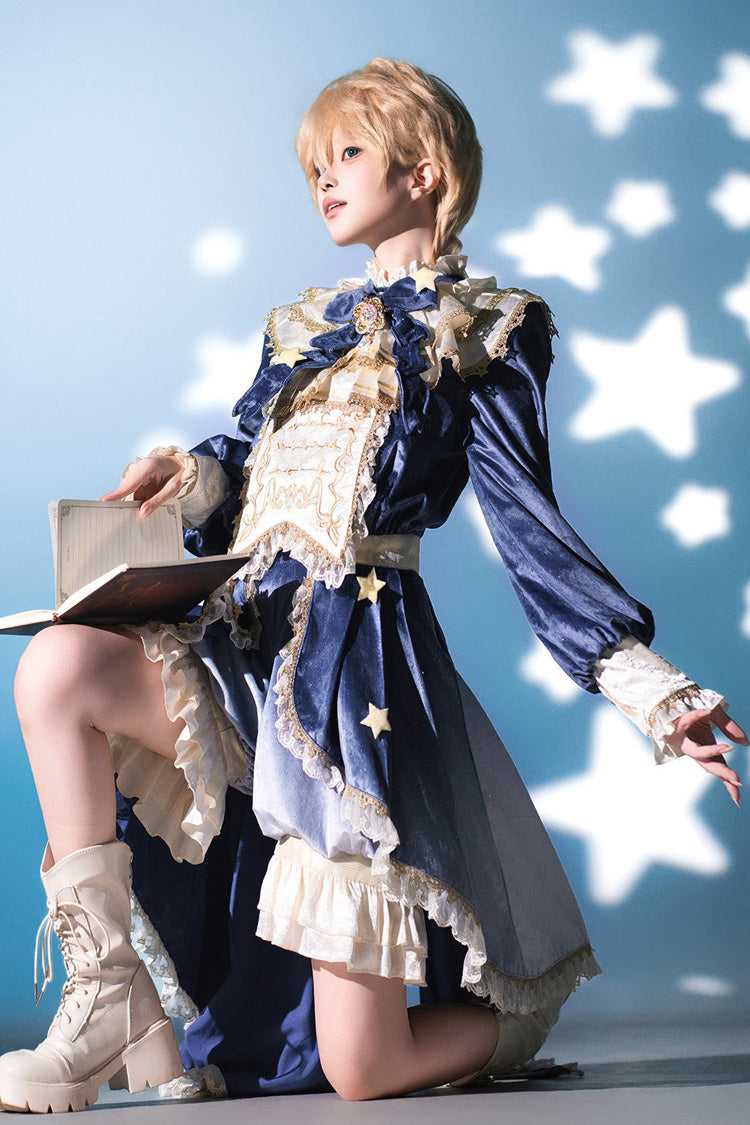 Blue Long Sleeves Ombre Ruffled Bow Ouji Gothic Lolita Swallowtail Dress Shorts Set - Product - 10