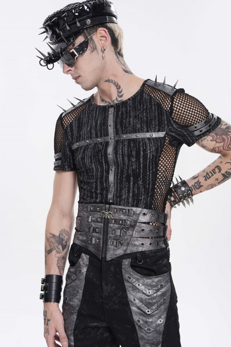 Black Multi-Layered Studded Zippered Eyelet Men's Punk Cool  Girdle - Product - 12