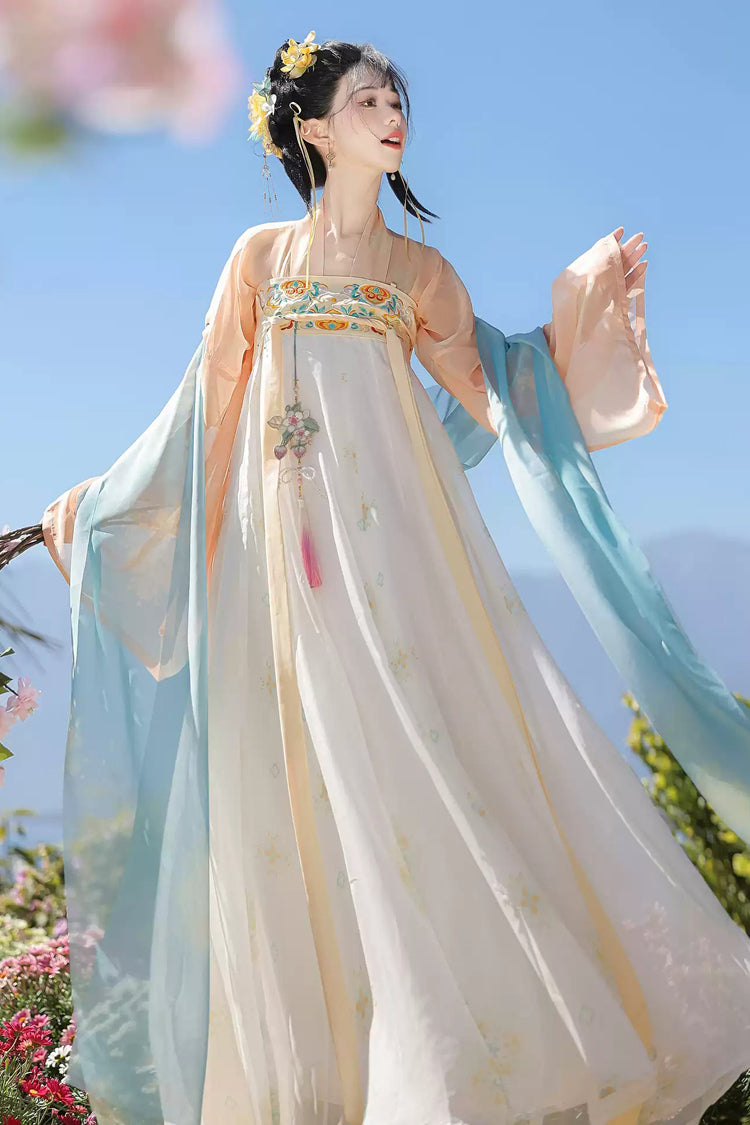 Orange/Apricot [Spring Fills the Garden] High Waisted Printed Embroidered Women's Sweet Chinese Style Hanfu Dress Set - Product - 3