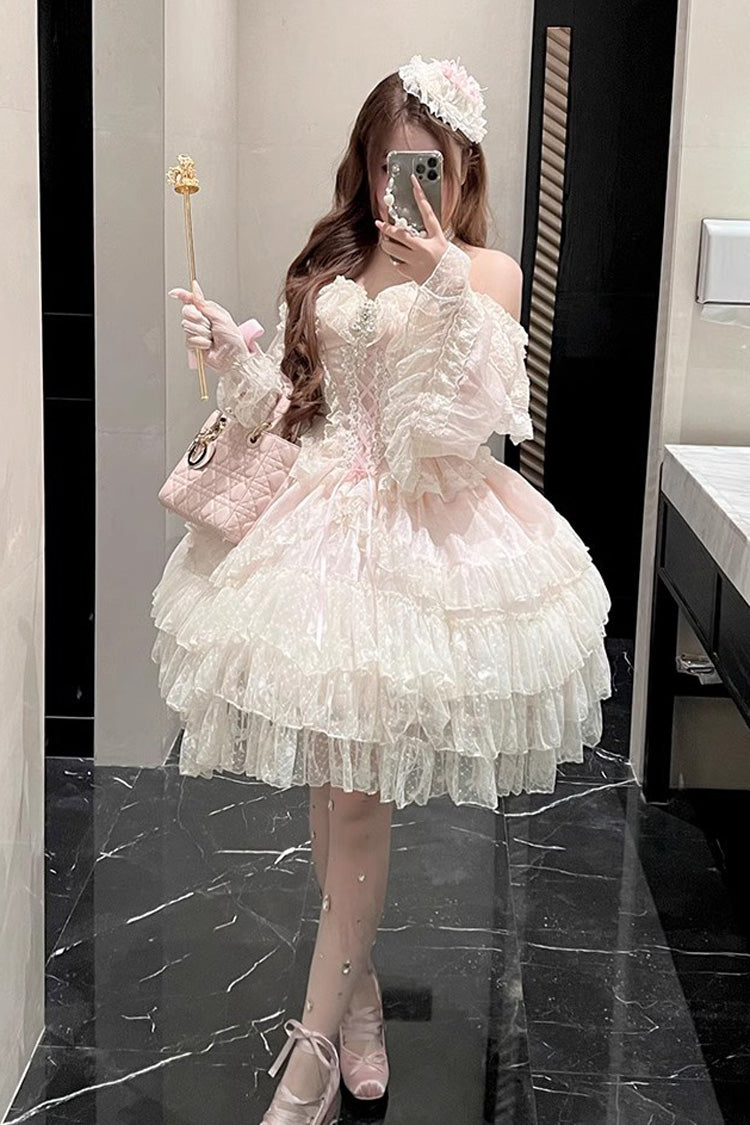 Princess Off Shoulder Multi-Layered Ruffle Bowknot Lace Sweet Elegant Lolita Strapless Dress - Product - 9