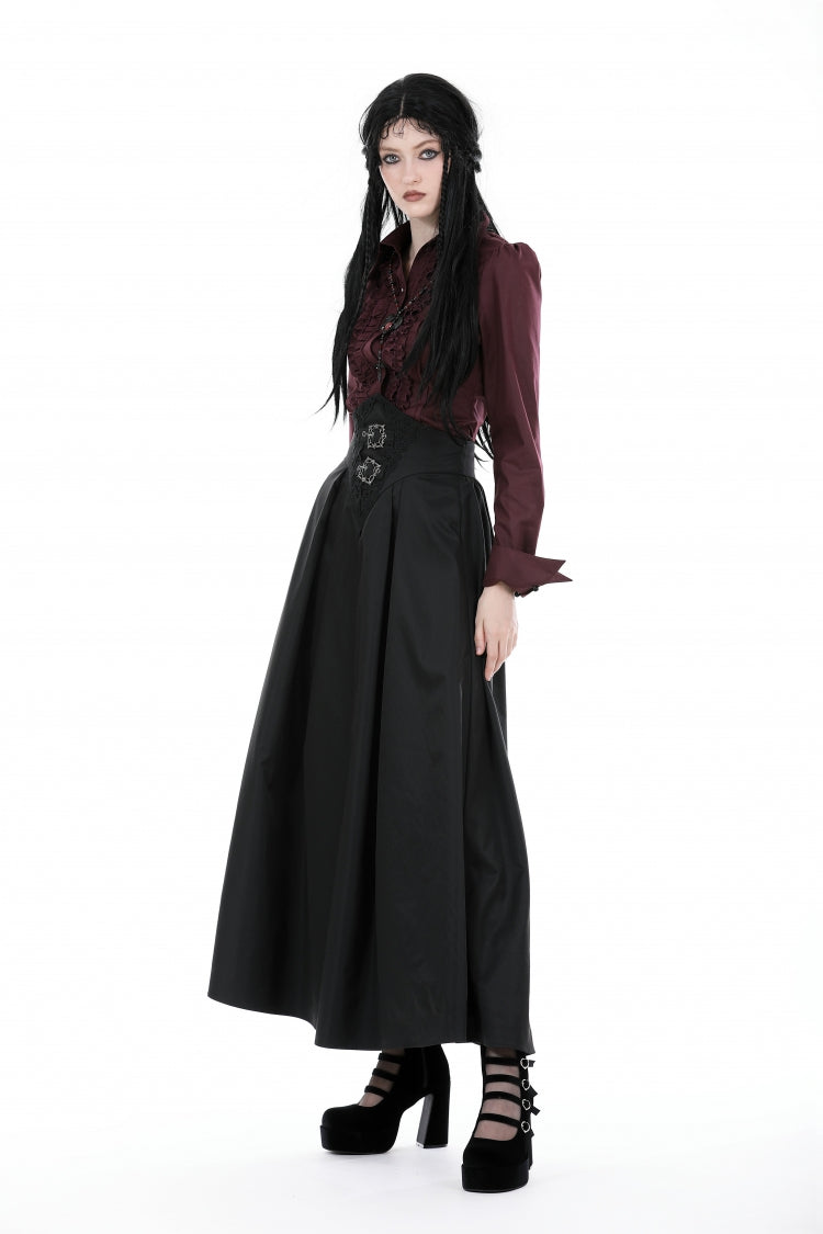Wine Red Turn-down Collar Ruffled Long Sleeves Women's Gothic Blouse - Product - 11