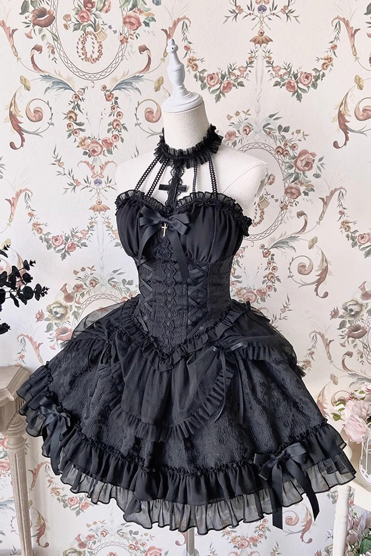 Dark Black Tube Top Sleeveless Blowknot Ruffled Gothic Lolita Tiered Dress - Product - 2