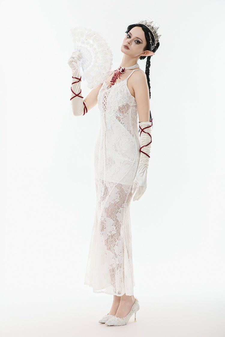 White Sleeveless Lace Lace-Up Women's Gothic Slip Dress Mermaid Wedding Dress - Product - 10