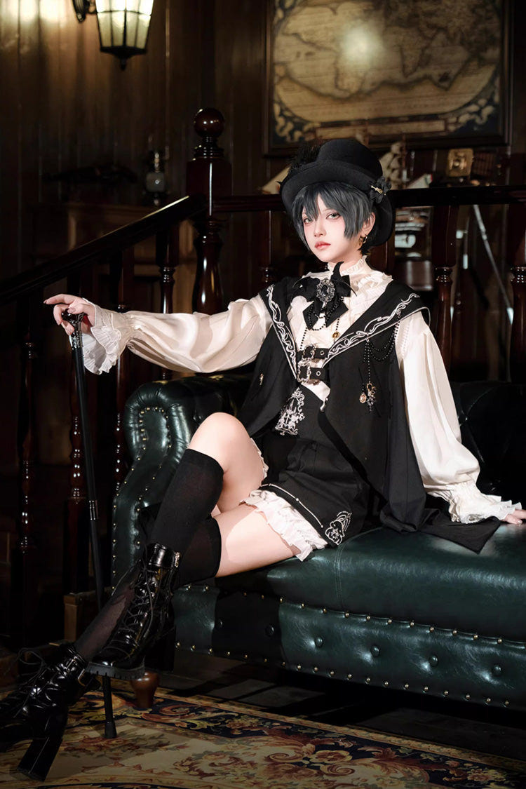 Black [Rabbit-Ear Meteorite] Stand Collar Long Sleeves Ruffled Embroidered Bow Gothic Ouji Lolita Shorts Vest Set - Product - 8