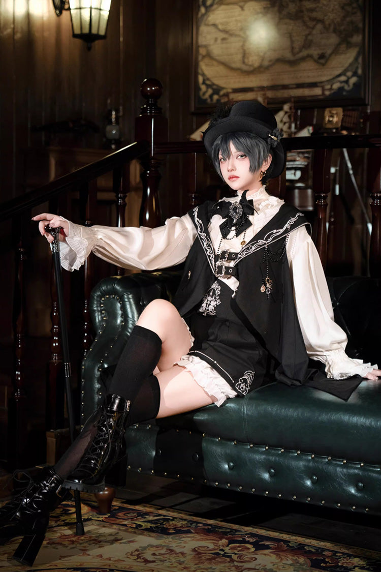 Black [Rabbit-Ear Meteorite] Stand Collar Long Sleeves Ruffled Embroidered Bow Gothic Ouji Lolita Shorts Vest Set - Product - 8