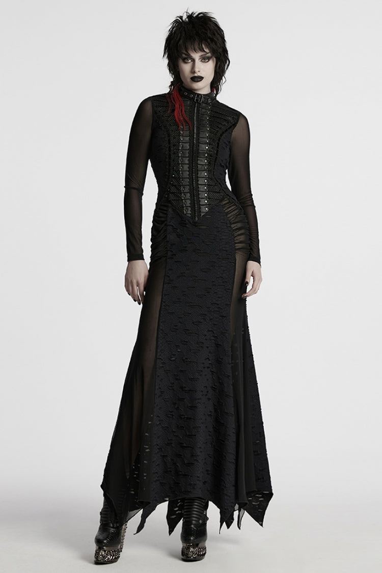 Black Stand Collar Long Sleeves Stitching Mesh Ripped Women's Punk Fishtailed Dress - Product - 3
