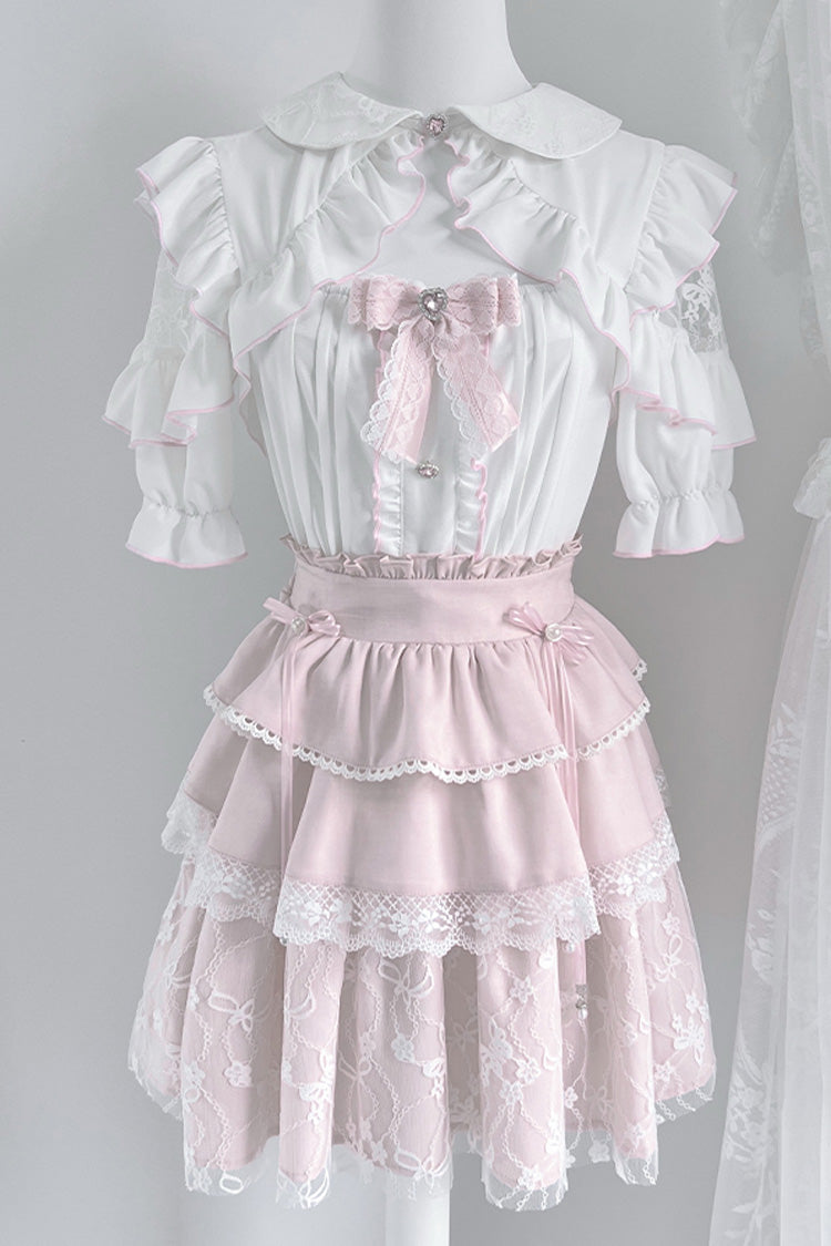 White/Pink Short Sleeves Triple-Layered Ruffle Bowknot Lace Jirai Kei Japanese Skirt Set - White/Pink - 1