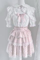 White/Pink Short Sleeves Triple-Layered Ruffle Bowknot Lace Jirai Kei Japanese Skirt Set - White/Pink - 1