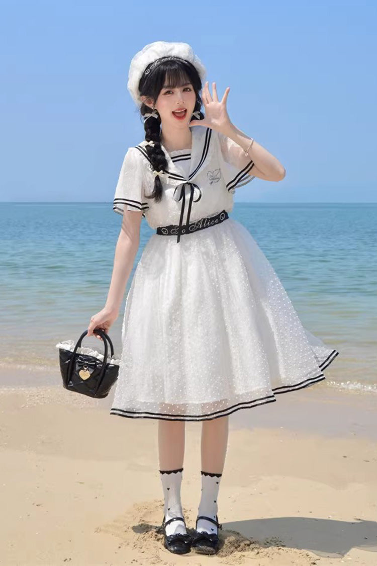 White [Seaside Sweetheart] Chiffon Navy Collar Short Sleeves Ruffled Lace-Up Slim Sailor Sweet Lolita Dress - Product - 8