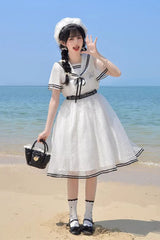 White [Seaside Sweetheart] Chiffon Navy Collar Short Sleeves Ruffled Lace-Up Slim Sailor Sweet Lolita Dress - Product - 8