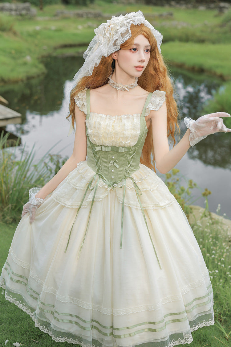 Green Square Collar Sleeveless Multi-Layered Ruffled Bow Lace Fishbone Sweet Lolita Jsk Dress 2 Versions - Product - 19