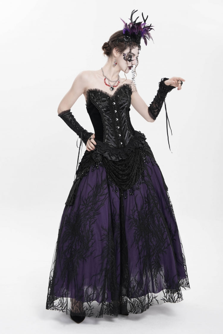 Black Sleeveless Beaded Lace Lace-Up Women's Gothic Overbust Corset - Product - 12