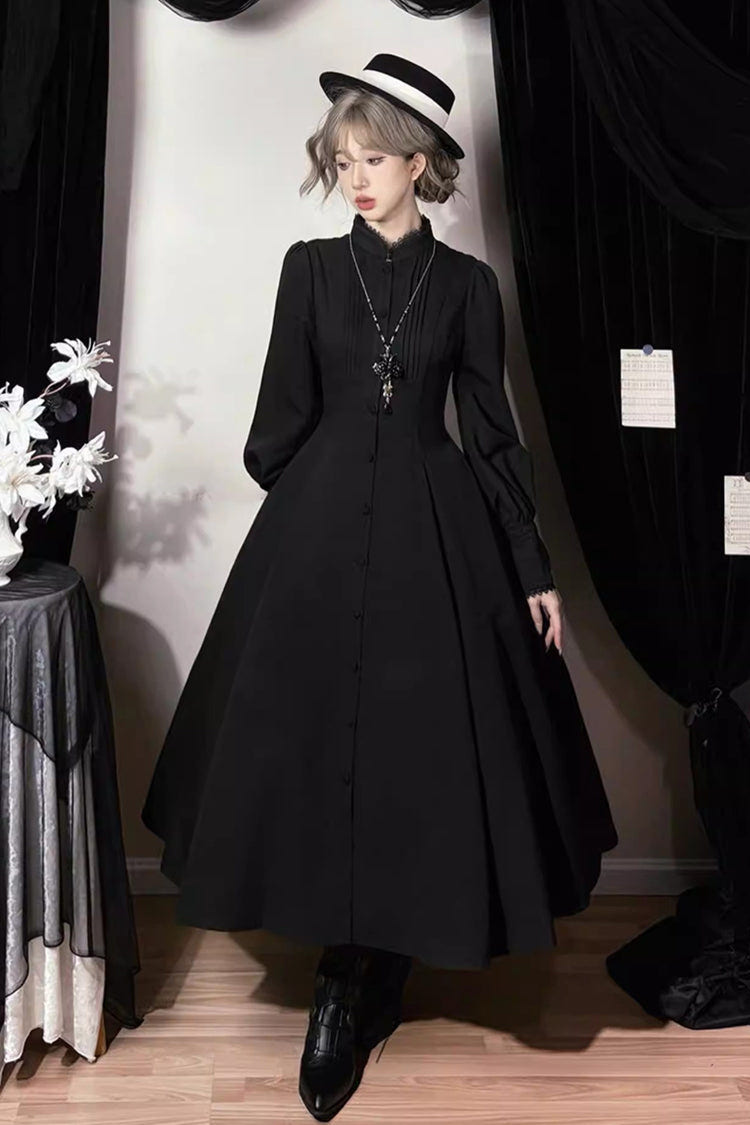 Black [Astrea] Long Puff Sleeves Slim Gothic Elegant Lolita Dress - Product - 2