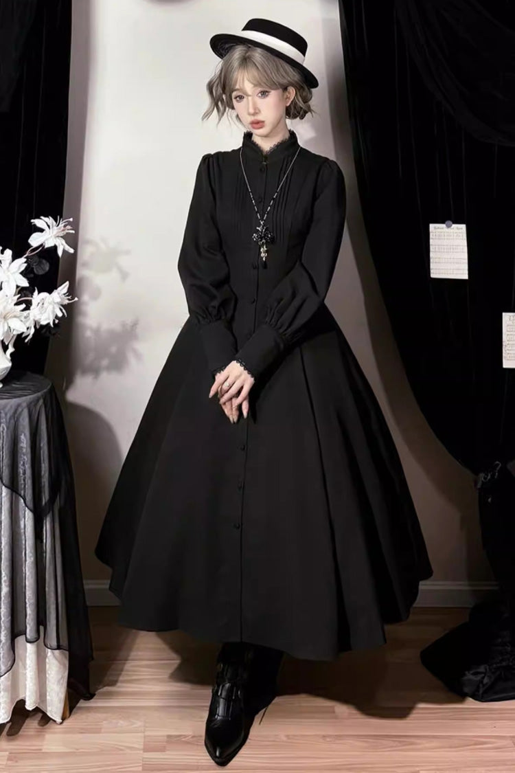 Black [Astrea] Long Puff Sleeves Slim Gothic Elegant Lolita Dress - Black - 1