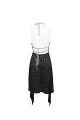Black Irregular Pattern Wool Metal Chain Halter Neck Backless Women's Punk Dress - Product - 8
