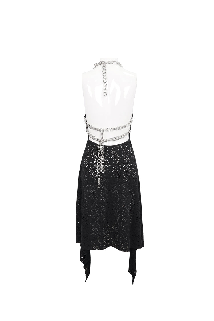Black Irregular Pattern Wool Metal Chain Halter Neck Backless Women's Punk Dress - Product - 8