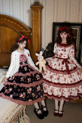 White/Pink [Bell Strawberry Farm] Print Long Sleeves Triple-Layered Ruffle Sweet Lolita Dress - Product - 13