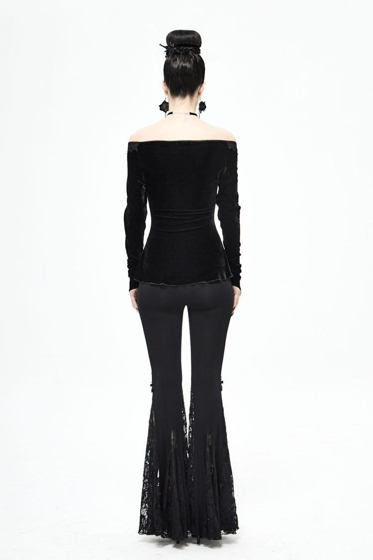 Black Velvet Off Shoulder Long Sleeve Mesh Collar Chest Flocking Pattern Women's Punk T-Shirt - Product - 6
