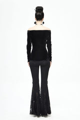 Black Velvet Off Shoulder Long Sleeve Mesh Collar Chest Flocking Pattern Women's Punk T-Shirt - Product - 6