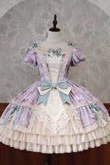 [Angel Heart Sky Oil Painting] Print Ruffle Cardigan Bowknot Sweet Princess Lolita Dress 3 Colors - Purple/Green - 25