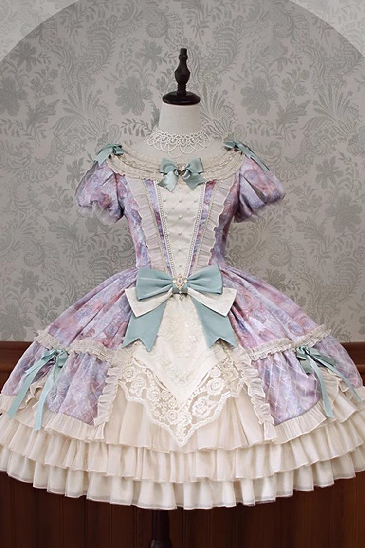 [Angel Heart Sky Oil Painting] Print Ruffle Cardigan Bowknot Sweet Princess Lolita Dress 3 Colors - Purple/Green - 25