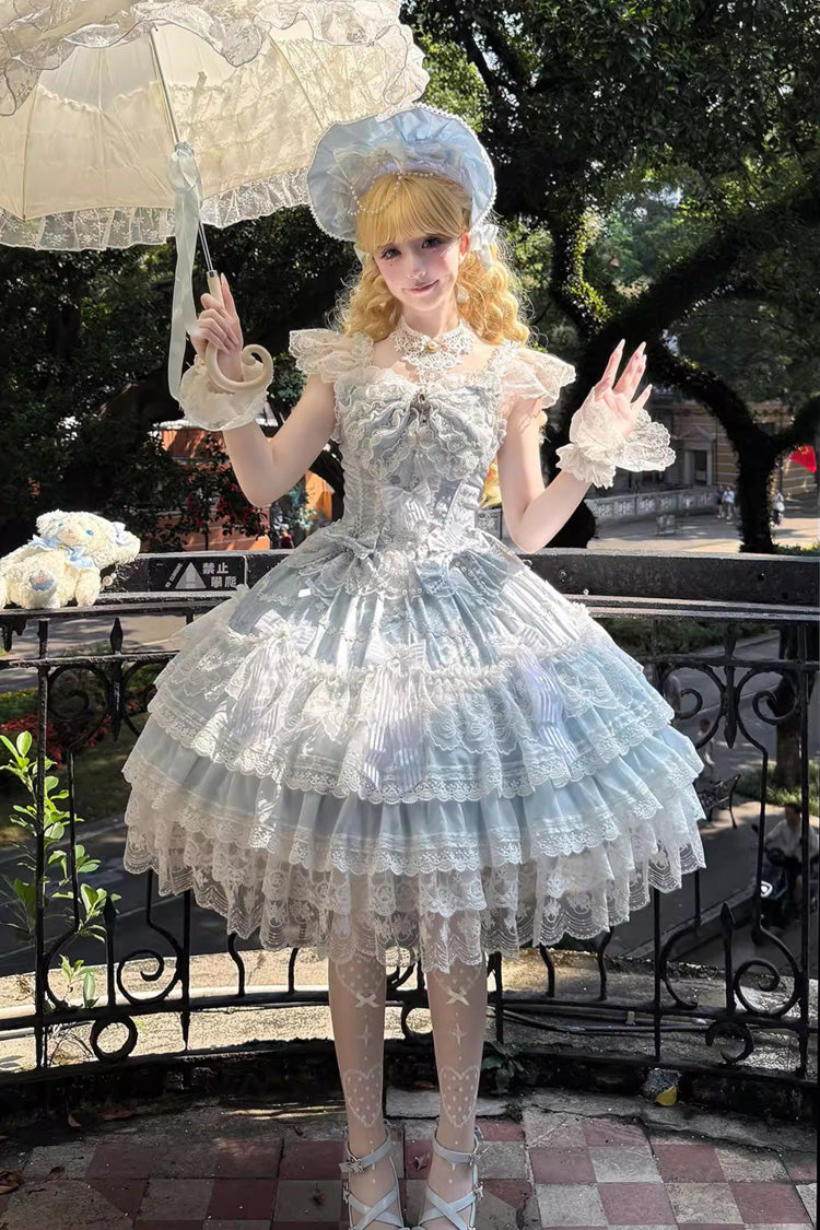 Blue [Moonlit Sakura Ode] Sleeveless Multi-Layered Ruffled Bow Lace Sweet Lolita Dress - Product - 2