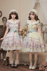 Pink [Brown Dollhouse] Short Sleeves Bear Printed Ruffled Bow Sweet Lolita Dress Set - Product - 12