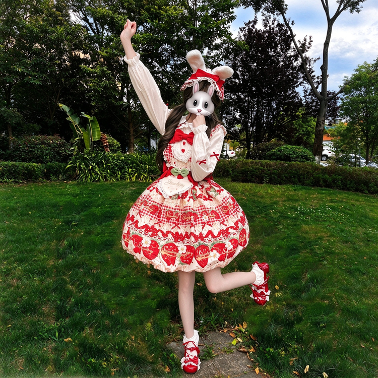 Strawberry Print Ruffled Maid Lolita Dress Set with Apron - view 12