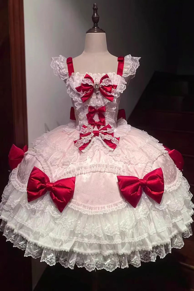 Red/Pink [Flower Dream Isle] Square Collar Multi-Layered Ruffled Bow Lace Sweet Lolita Jsk Dress - Product - 4