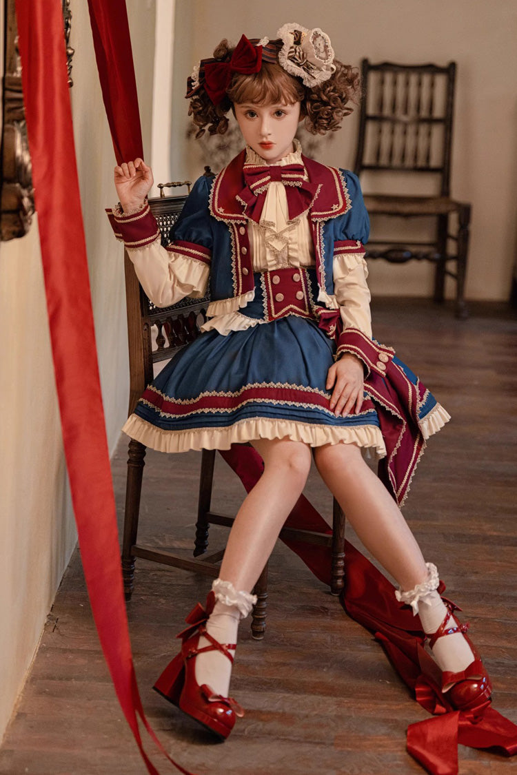 Red/White/Blue Star Idol Round Collar Ruffle Bowknot Sweet Princess Lolita Skirt Full Set - Product - 4