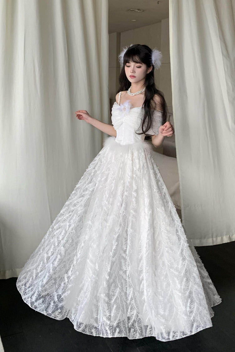 White [Moonlight] Off Shoulder Jacquard Embroidered Bow Gothic Lolita Jsk Dress - Product - 2
