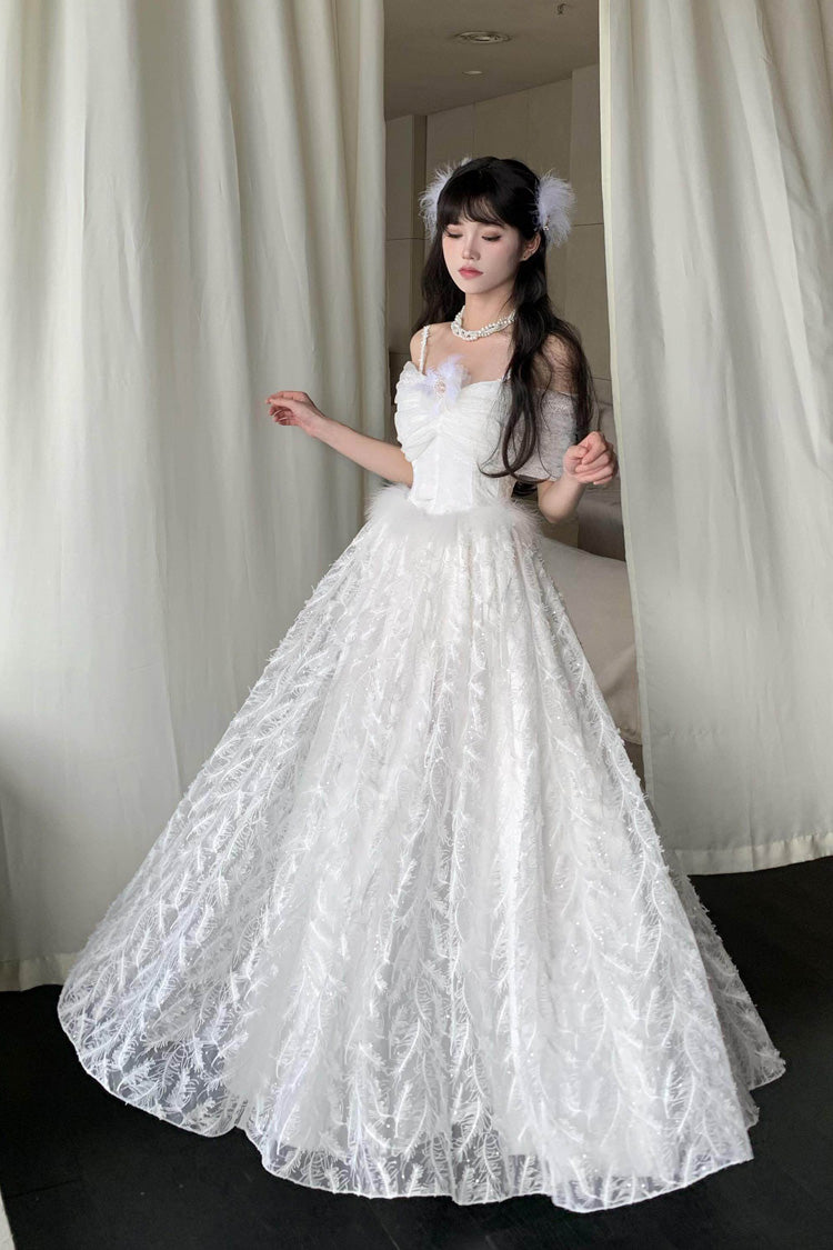 White [Moonlight] Off Shoulder Jacquard Embroidered Bow Gothic Lolita Jsk Dress - Product - 2