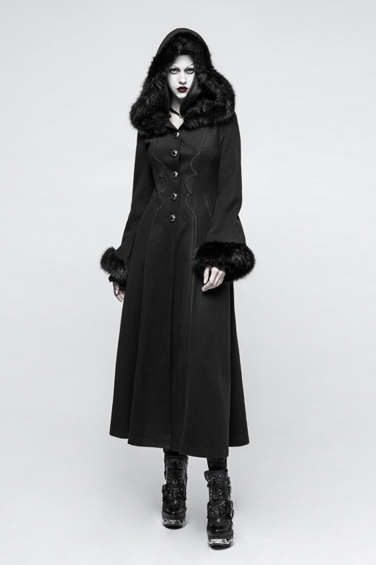 Black Hooded Print Womens Single-Breasted Long Maxi Gothic Coat - Product - 2