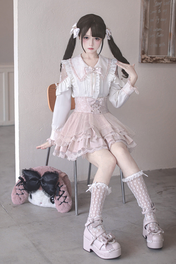 White/Pink [Dreamy Love Ballad] Lapel Collar Long Sleeves Double-Layered Ruffled Cut-Out Bow Gothic Japanese Jirai Kei Skirt Set - Product - 3