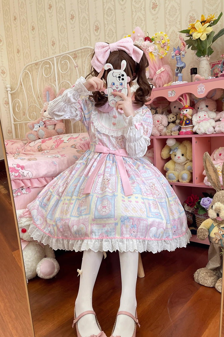 [Sweetheart Bunny Bear] Lapel Collar Long Sleeves Print Ruffle Bowknot Sweet Lolita Dress 3 Colors - Product - 6