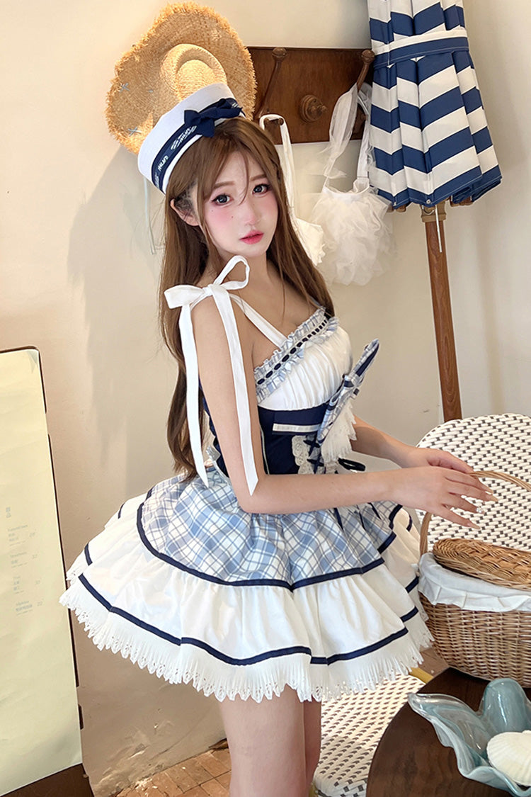 Blue/White [Sailing Love] Navy Collar Sleeveless Plaid Print Ruffle Bowknot Sweet Lolita Dress - Product - 7