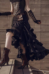 Black Multi-layer Ruffle Hollow Tassel Drawstring Gothic Punk Long Skirt - Black - 1