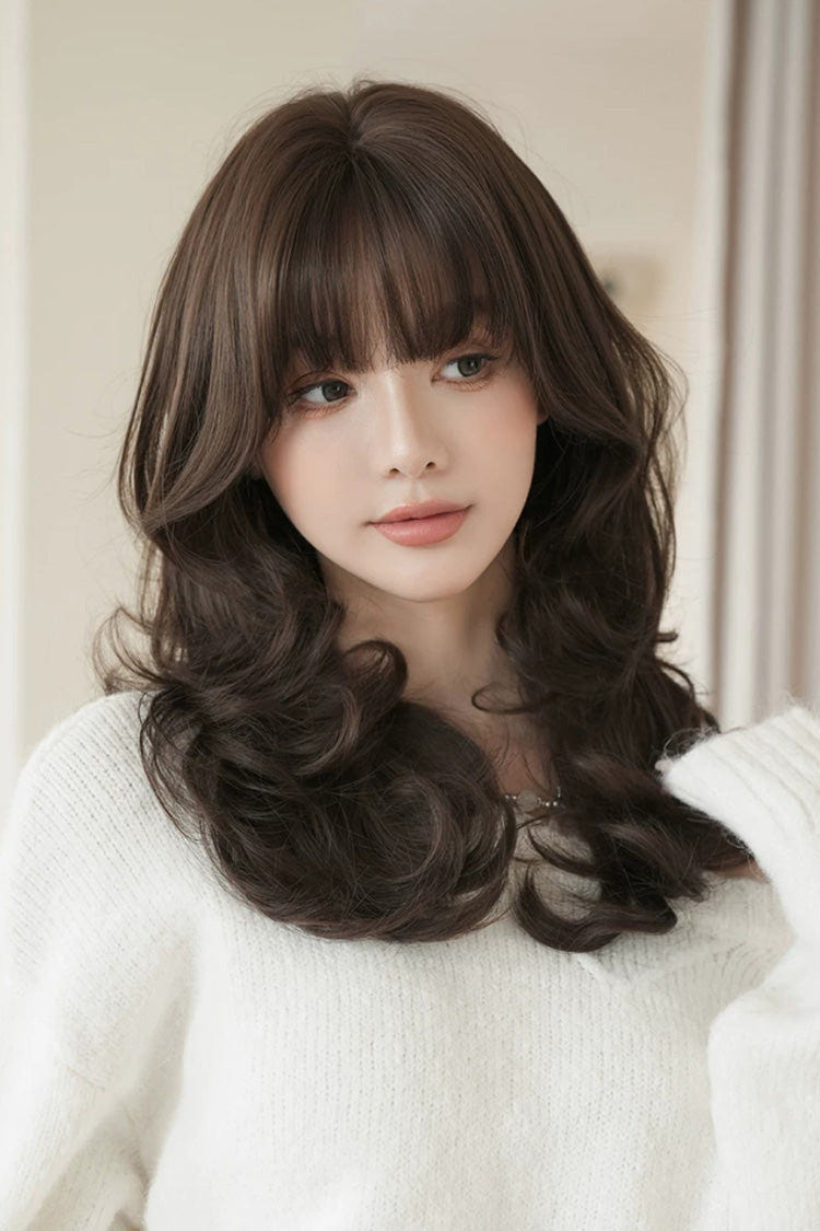 Black Brown Full Air Bangs Multi-Layered Sweet Daily Lolita Length Wig - Product - 6