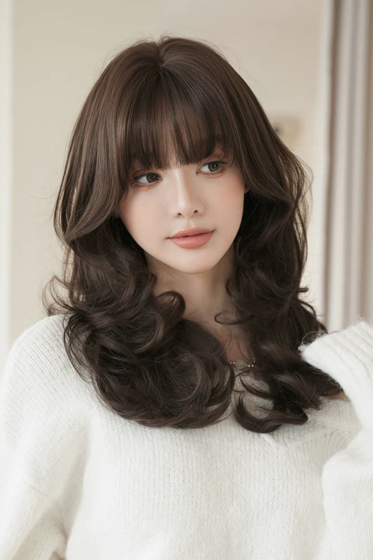 Black Brown Full Air Bangs Multi-Layered Sweet Daily Lolita Length Wig - Product - 6
