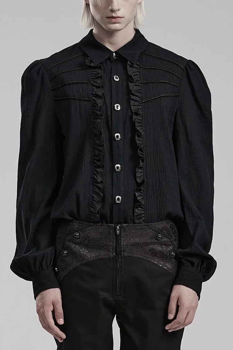 Black Hand-Stitched Button Pleated Long Puff Sleeves Ruffle Mens Gothic Blouse - Black - 1