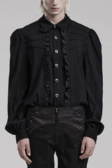 Black Hand-Stitched Button Pleated Long Puff Sleeves Ruffle Mens Gothic Blouse - Black - 1
