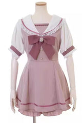 Jirai Kei Short Sleeves Bowknot Lace Sweet Dress Set 4 Colors - Pink - 1