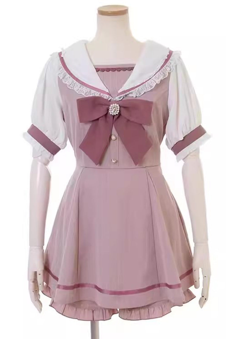 Jirai Kei Short Sleeves Bowknot Lace Sweet Dress Set 4 Colors - Pink - 1