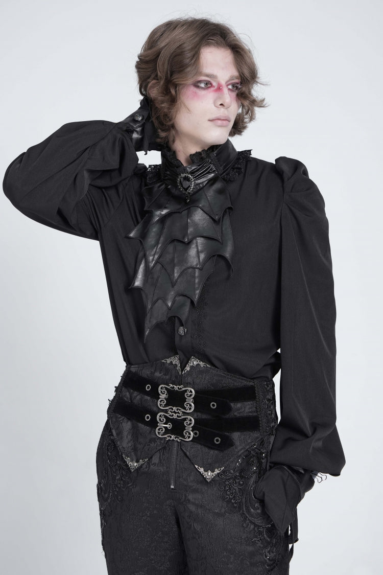 Black Stand Collar Long Puff Sleeves Men's Gothic Batlike Blouse - Product - 2