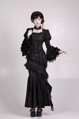 Black  [Letters & Poems · Twilight] Multi-Layered Jacquard Ruffled Witch Gothic Lolita Skirt 2 Versions - Product - 18